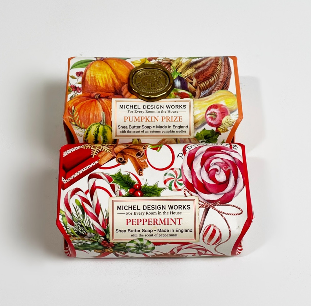 2 Michel Design Works Large Shea Butter Soaps 8.7 oz Pumpkin Prize & Peppermint